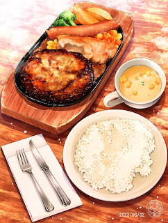 Sizzling steak meal with white rice, soup, and vegetables on a wooden table
