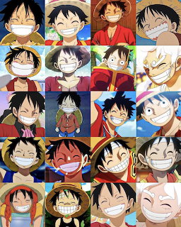 Twenty-panel collage of anime character Monkey D. Luffy in different expressions and poses