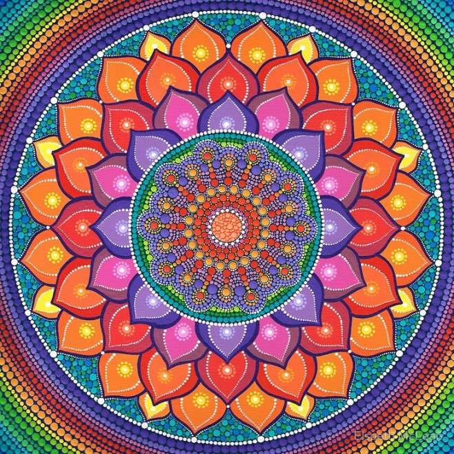 Colorful mandala with lotus petals in rainbow gradient and intricate dotted center on blue background