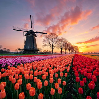 Windmill with Tulip Field