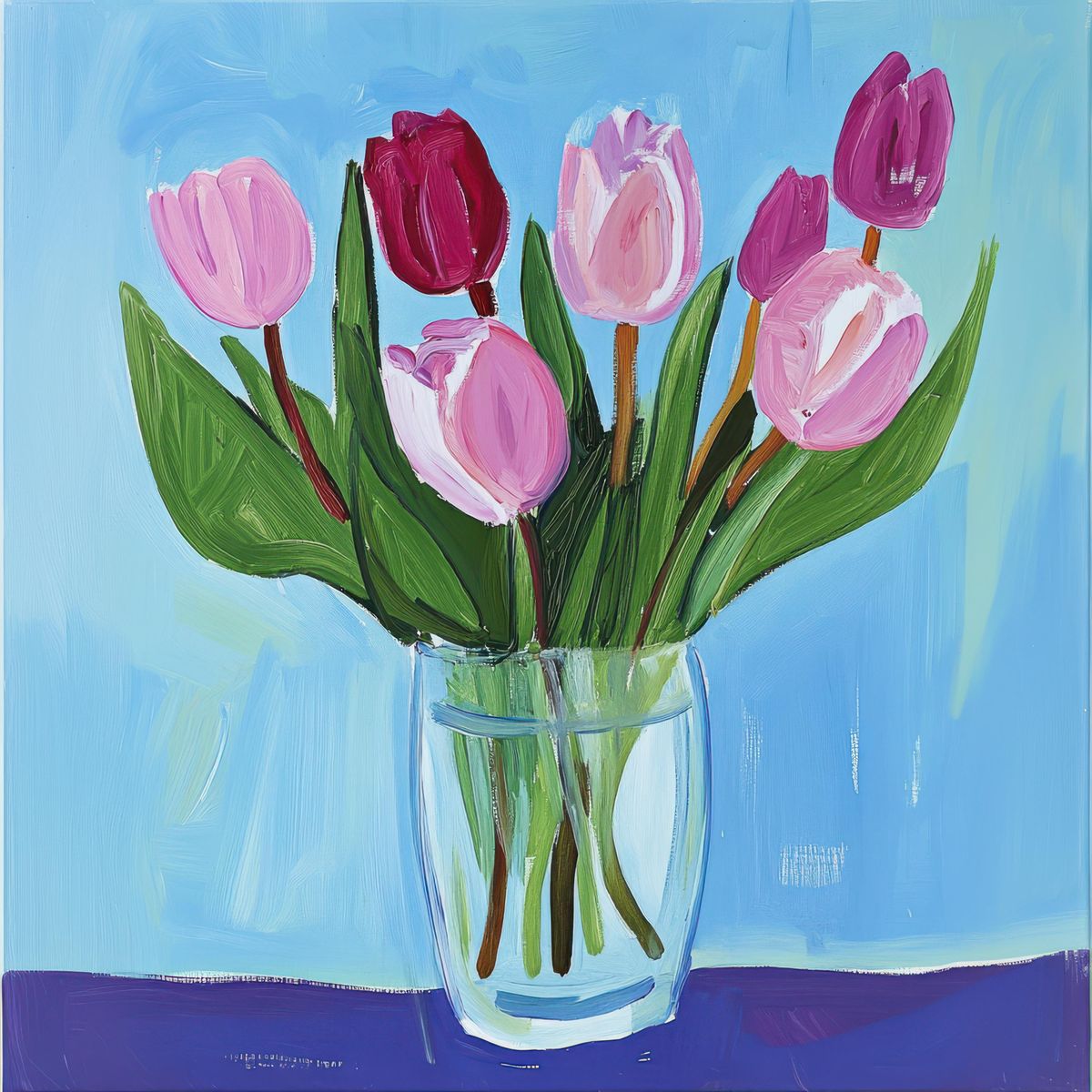 Painting of pink and purple tulips in a glass vase on a blue background