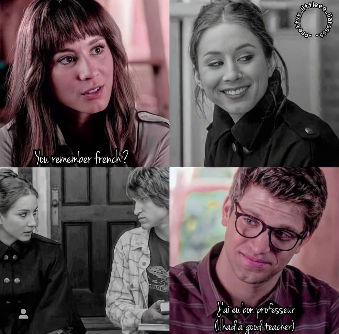 Four-panel Pretty Little Liars character collage in pink and black-and-white tones