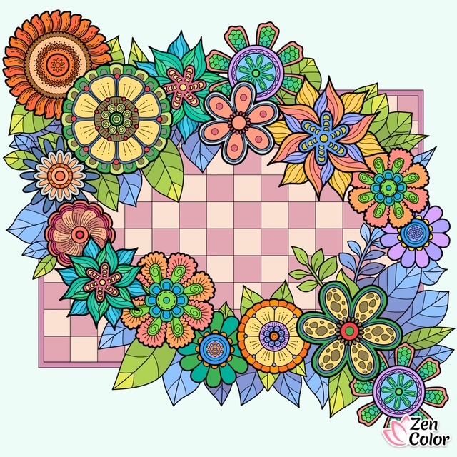 Colorful mandala flowers with intricate patterns surrounding a pink and white checkerboard center