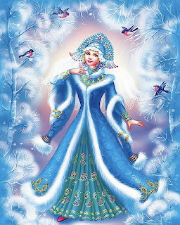 Illustrated woman in a blue winter dress with small birds and frosty floral background