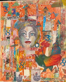Mixed media collage with vintage woman portrait, colorful numbers, text, and abstract paint layers