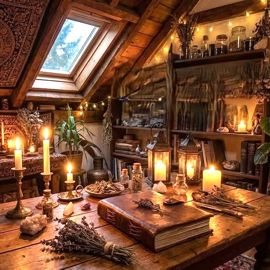 Cozy attic ritual room with candles, old books, herbs, jars, and lanterns on a wooden table