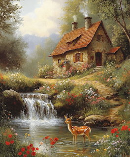 Peaceful cottage in forest clearing with deer drinking from stream and waterfall, surrounded by trees and flowers