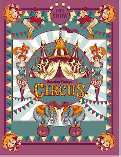 Vintage circus poster with big top tent, clowns, elephants and decorative border