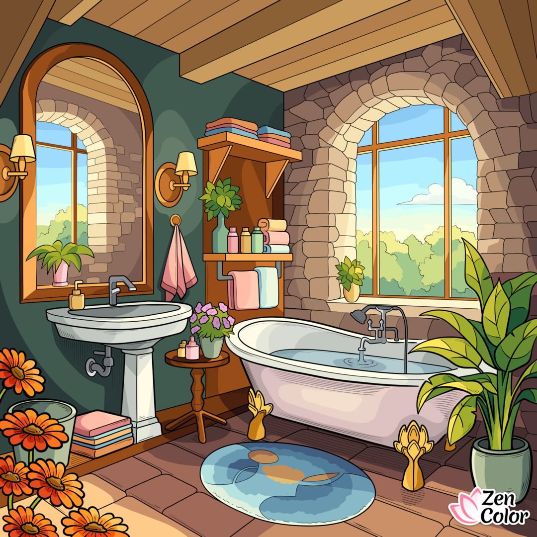 Illustrated cozy bathroom with tub, sink, windows, plants, and decorative details