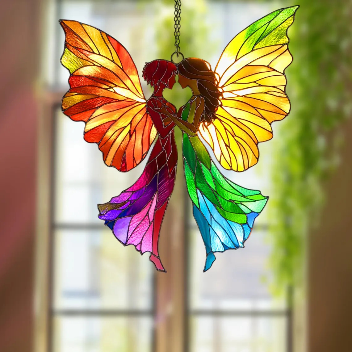 Stained glass fairy suncatcher with rainbow wings hanging in window