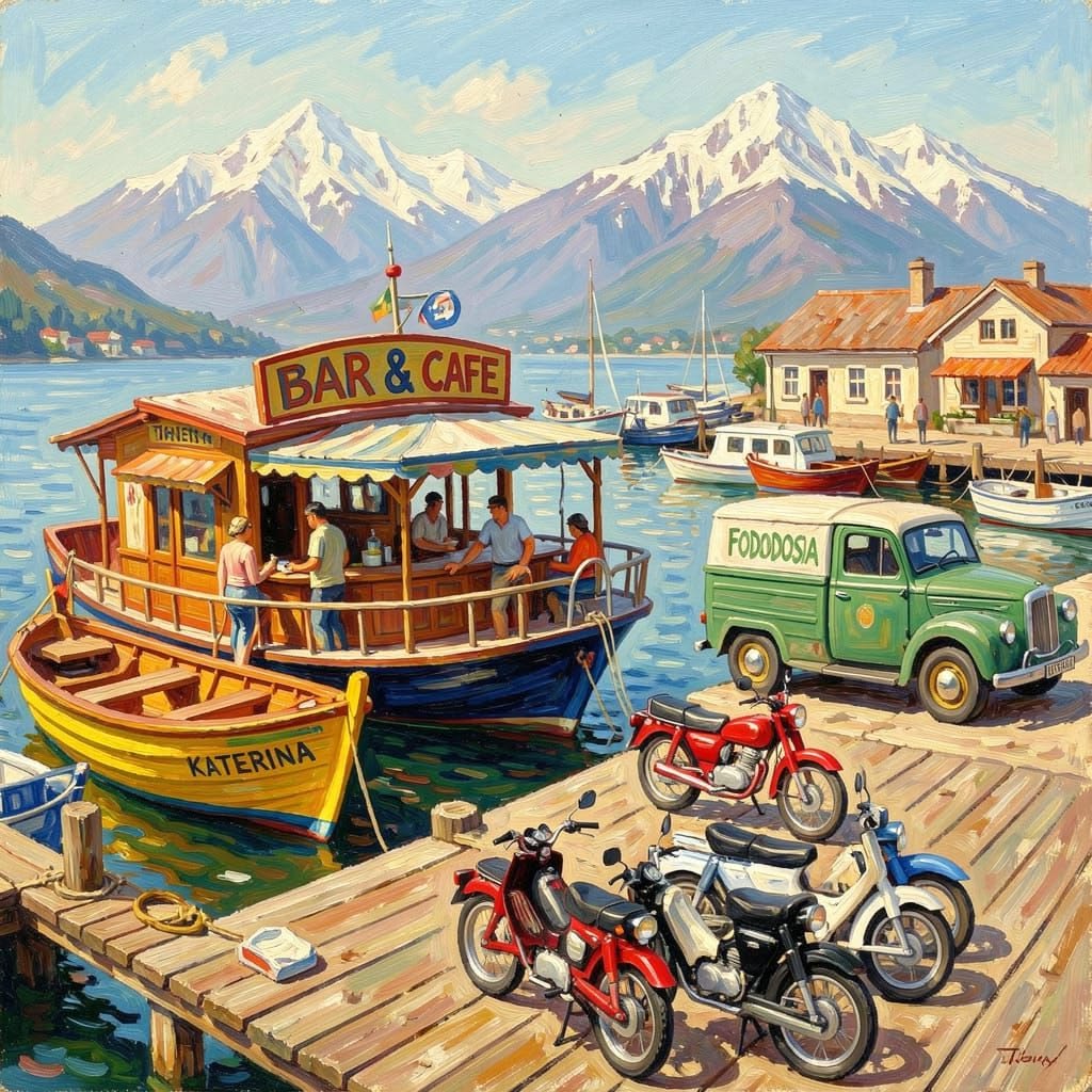 Painting of a dock with motorcycles, boats, a green delivery van, and a lakeside bar cafe with mountains