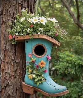 Garden Boot Birdhouse with Flowers