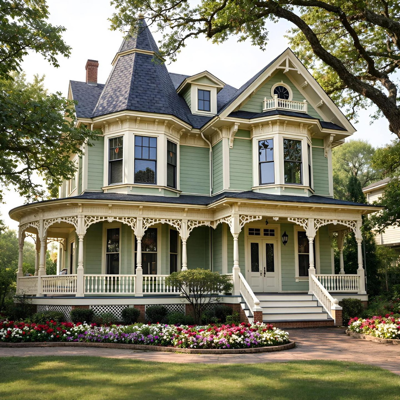 Victorian house with turret and wraparound porch surrounded by flowers