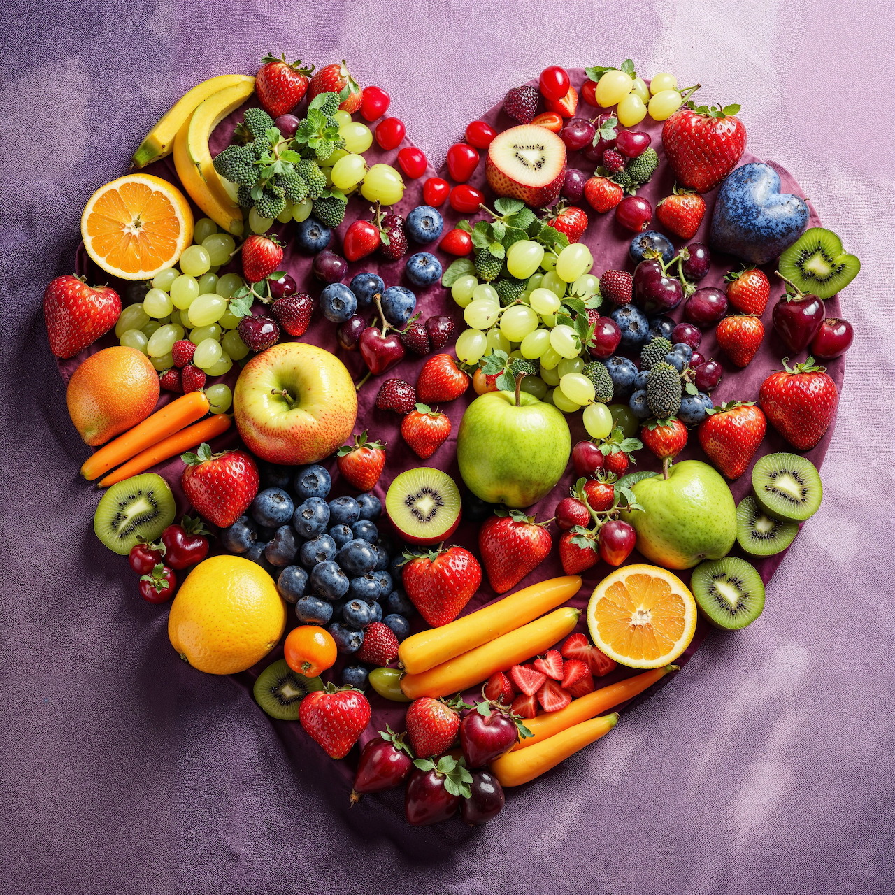 Heart made of colorful fresh fruits including strawberries, grapes, citrus, and kiwi on purple surface