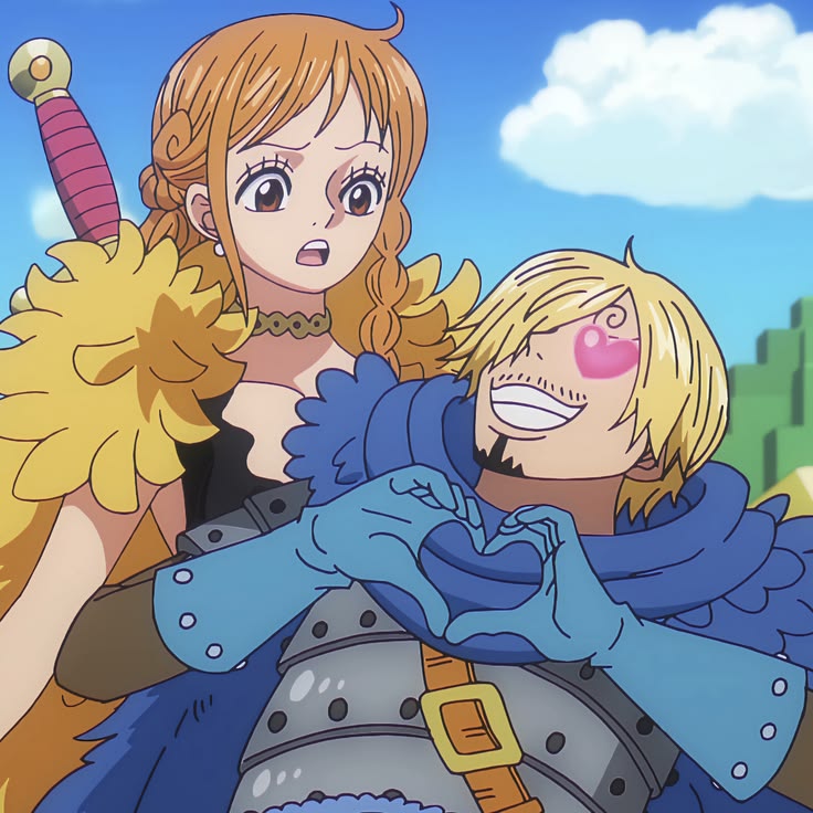 Anime illustration of Nami and Sanji from One Piece against a blue sky with white clouds