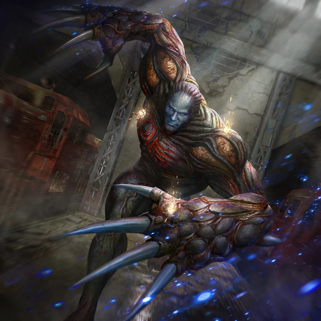 Illustration of a large mutated clawed monster in a dark industrial scene