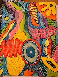 Colorful abstract doodle art with swirling shapes, patterns, and vibrant colors