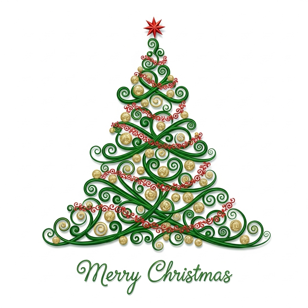 Stylized Christmas tree formed by ornate green swirls decorated with red and gold ornamental baubles