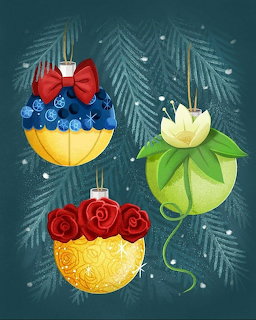 Four colorful Christmas ball ornaments decorated with princess-themed designs hanging from pine branches on teal background