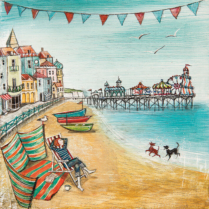Illustration of beach with striped chairs, boats, pier, and coastal town buildings