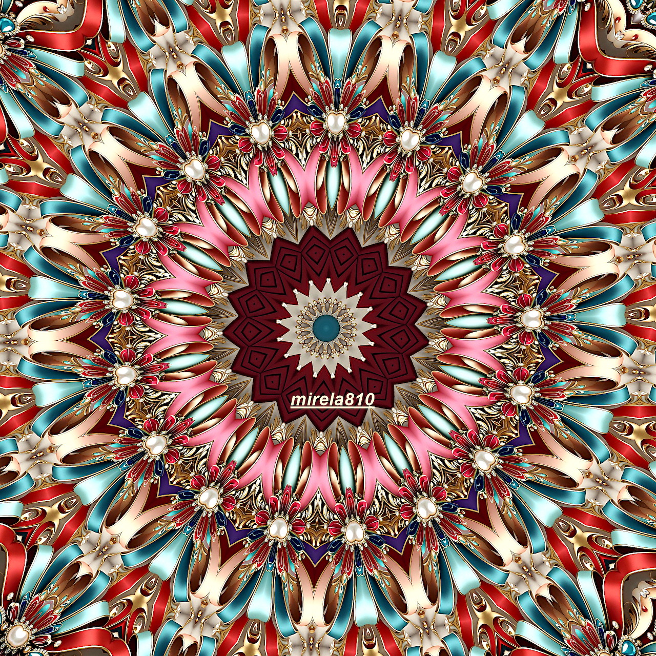 Colorful symmetrical mandala with intricate geometric patterns radiating from burgundy center in red, turquoise, and pink tones