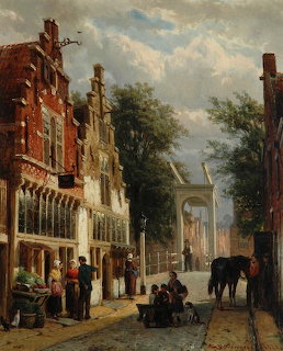 Oil painting of a Dutch street scene in Alkmaar with historic gabled buildings, figures, and a horse