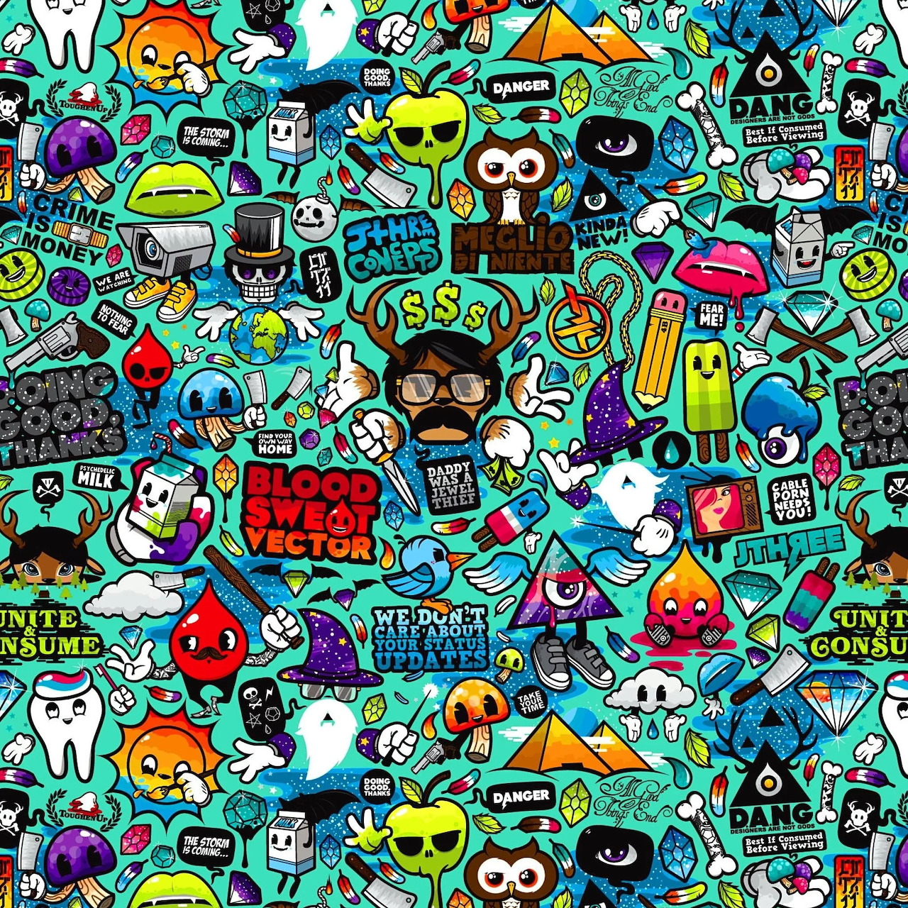 Colorful sticker bomb pattern with cartoon characters, skulls, monsters, and text on teal background