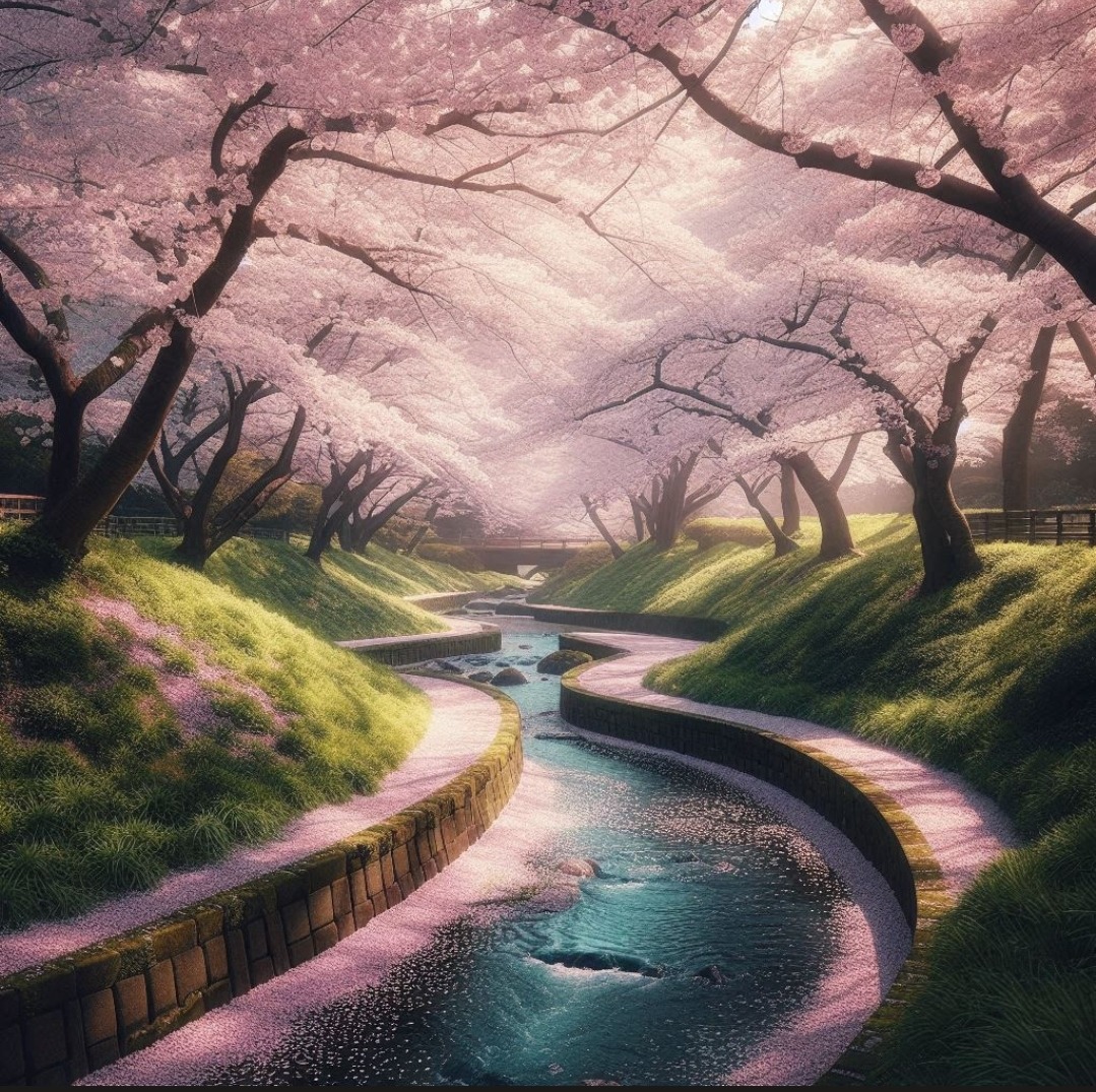 Winding canal beneath pink cherry blossom trees with dramatic cloudy sky