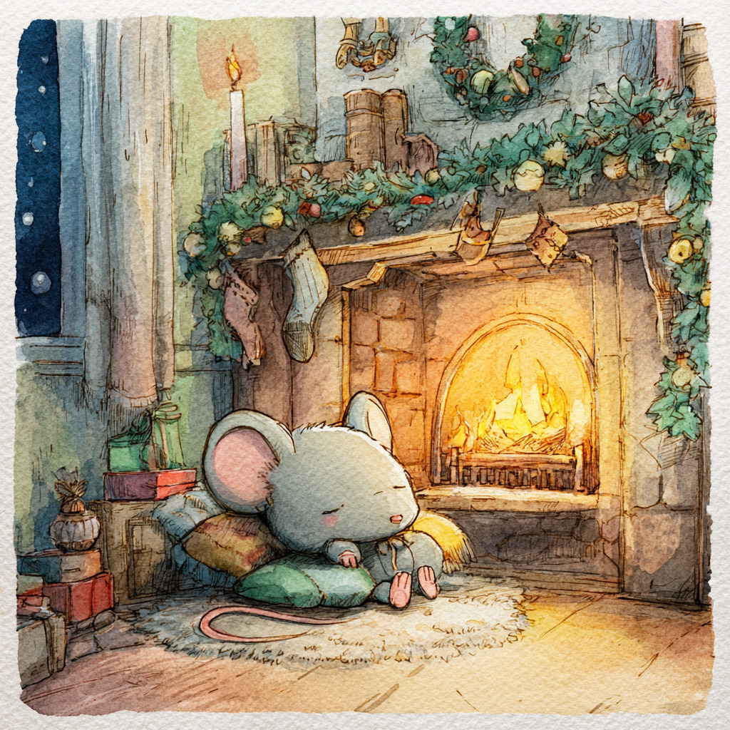 Watercolor painting of a mouse in front of a decorated Christmas fireplace with evergreen garland and glowing fire