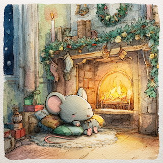 Mouse by Christmas Fireplace