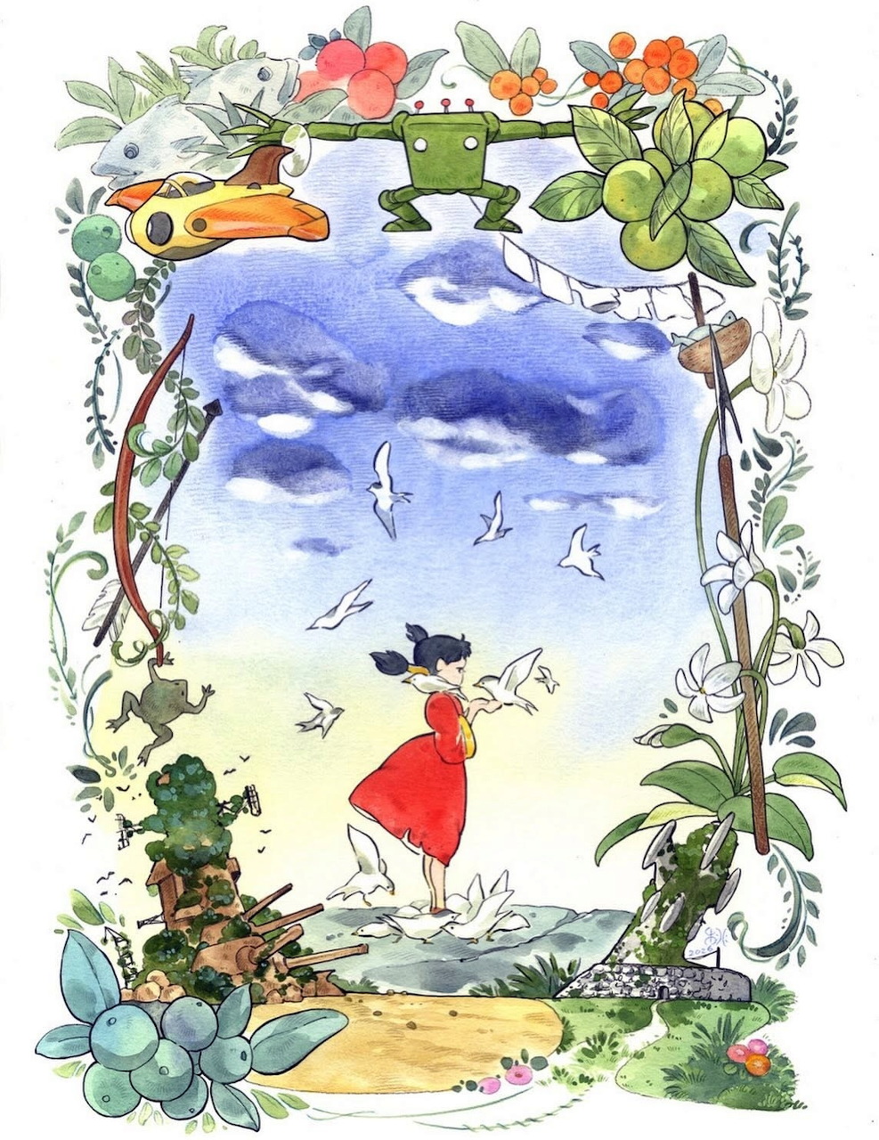 Watercolor-style fantasy illustration of a young character by Peach Momoko