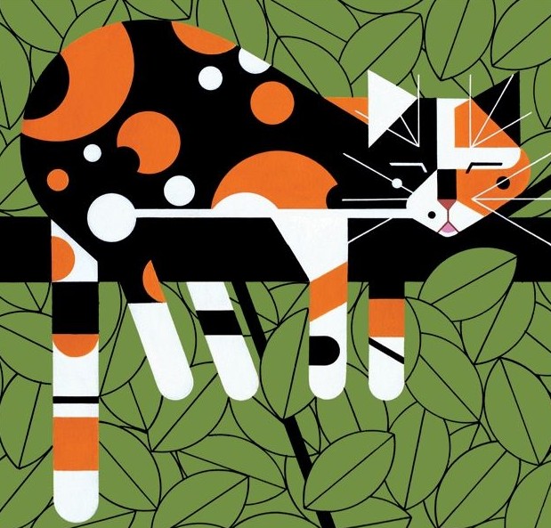 Stylized black, white, and orange polka-dot cat surrounded by green leaves