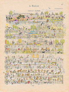 Sheet music page with colorful hand-drawn illustrations of scenes and figures painted over musical notes