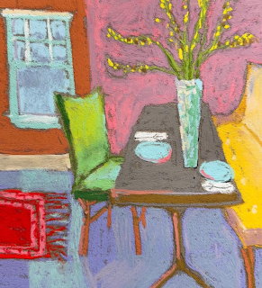 Post-impressionist painting of colorful dining room with pink wall, table, green chair, and yellow flowers in vase