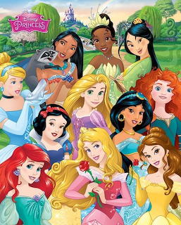 Group illustration of Disney princesses with castle in background