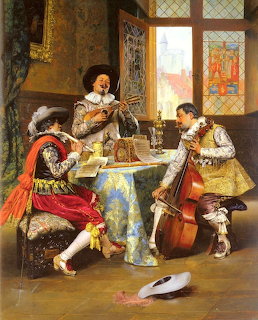 Three costumed musicians playing string instruments around a draped table in an elegant historical interior.