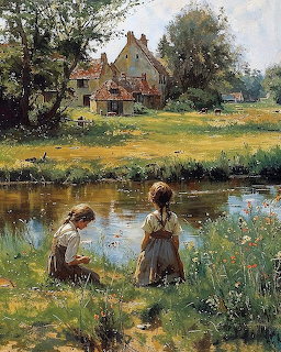 Painting of two girls standing and kneeling by a river near a cottage and grassy meadow.