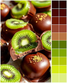 Chocolate truffles topped with kiwi slices and gold sprinkles next to a color palette grid