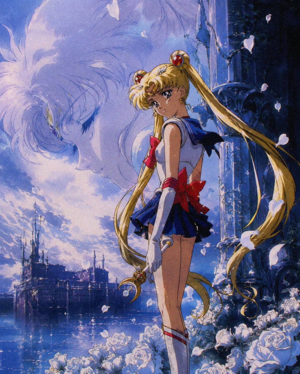 Anime character Sailor Moon by white roses beside water under a glowing moonlit sky