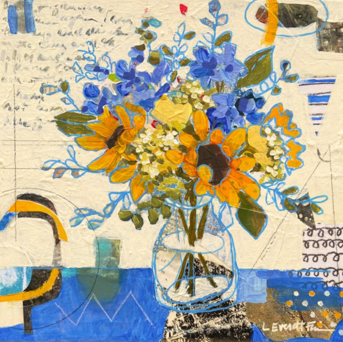 Mixed media painting of blue and yellow flowers in vase with collaged text background