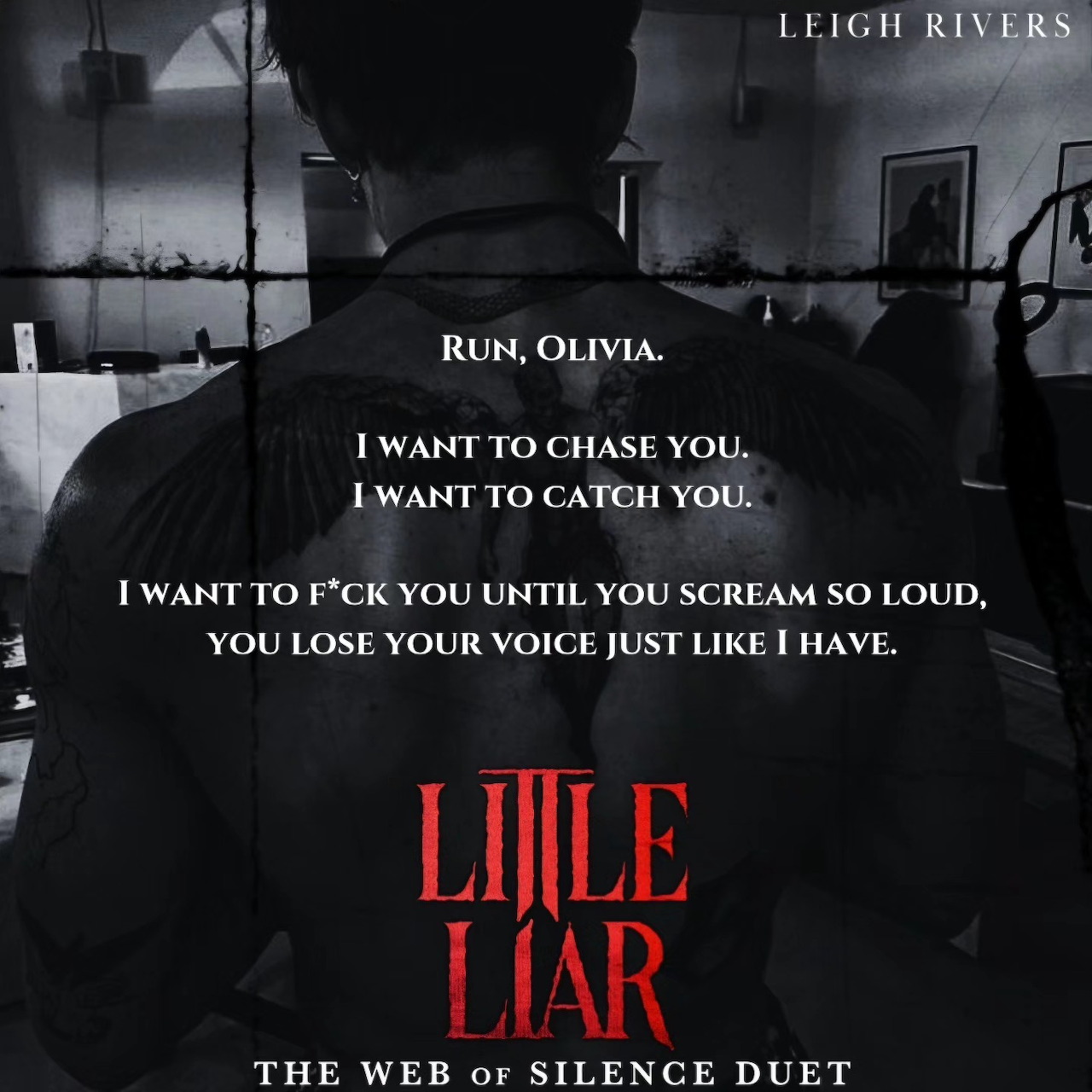 Book cover with the back of a shirtless man in a dark room and bold text overlay