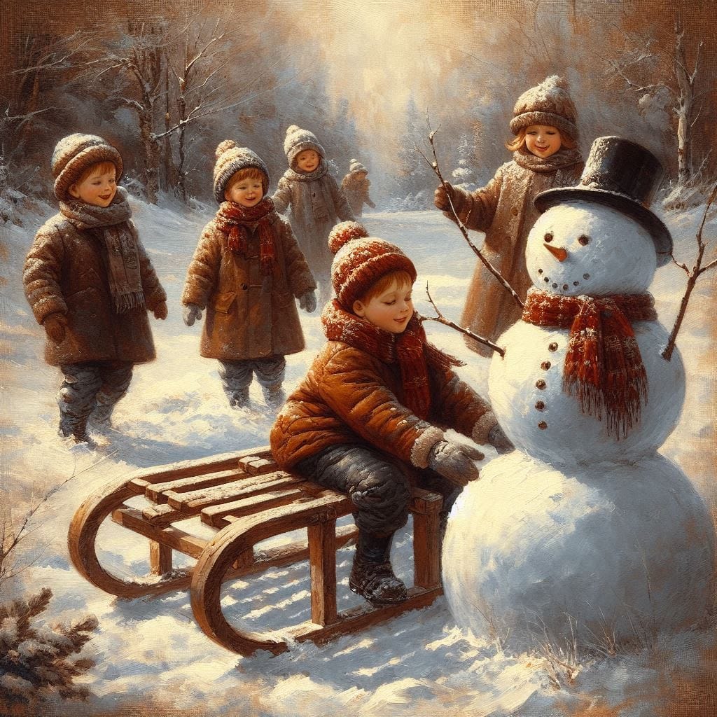Painting of children in winter clothes building a snowman beside a wooden sled in the snow