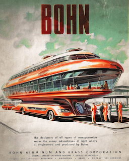 Retro ad illustration of a futuristic streamlined orange and silver bus with onlookers