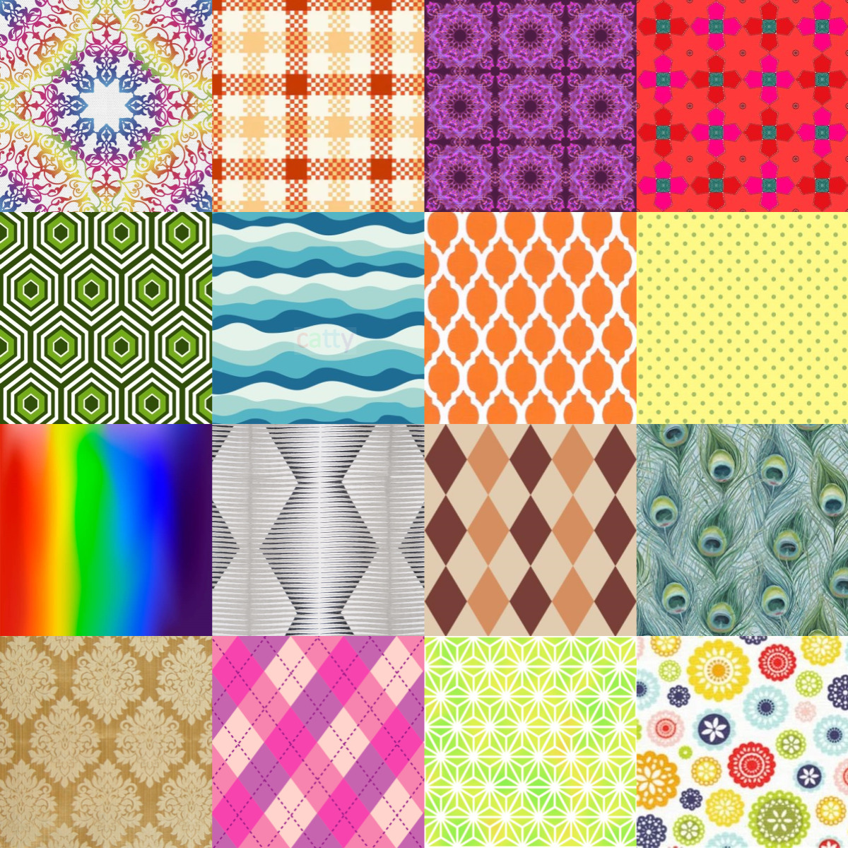 Grid of 20 colorful pattern squares including geometric, floral, plaid, and gradient designs in patchwork arrangement