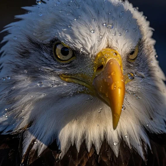 Close-up of a bald eagle head with water droplets on white feathers and a yellow beak