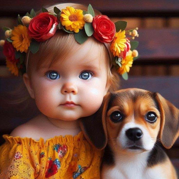 Doll with flower crown and blue eyes next to beagle puppy