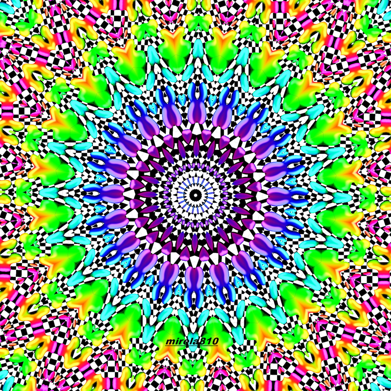 Colorful mandala with radial symmetry and bright neon geometric patterns radiating from white center