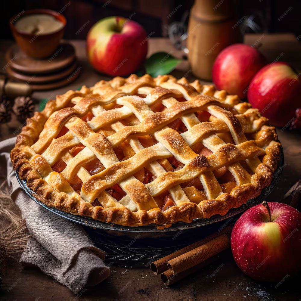 Lattice-topped apple pie on a rustic table with red apples and cinnamon sticks