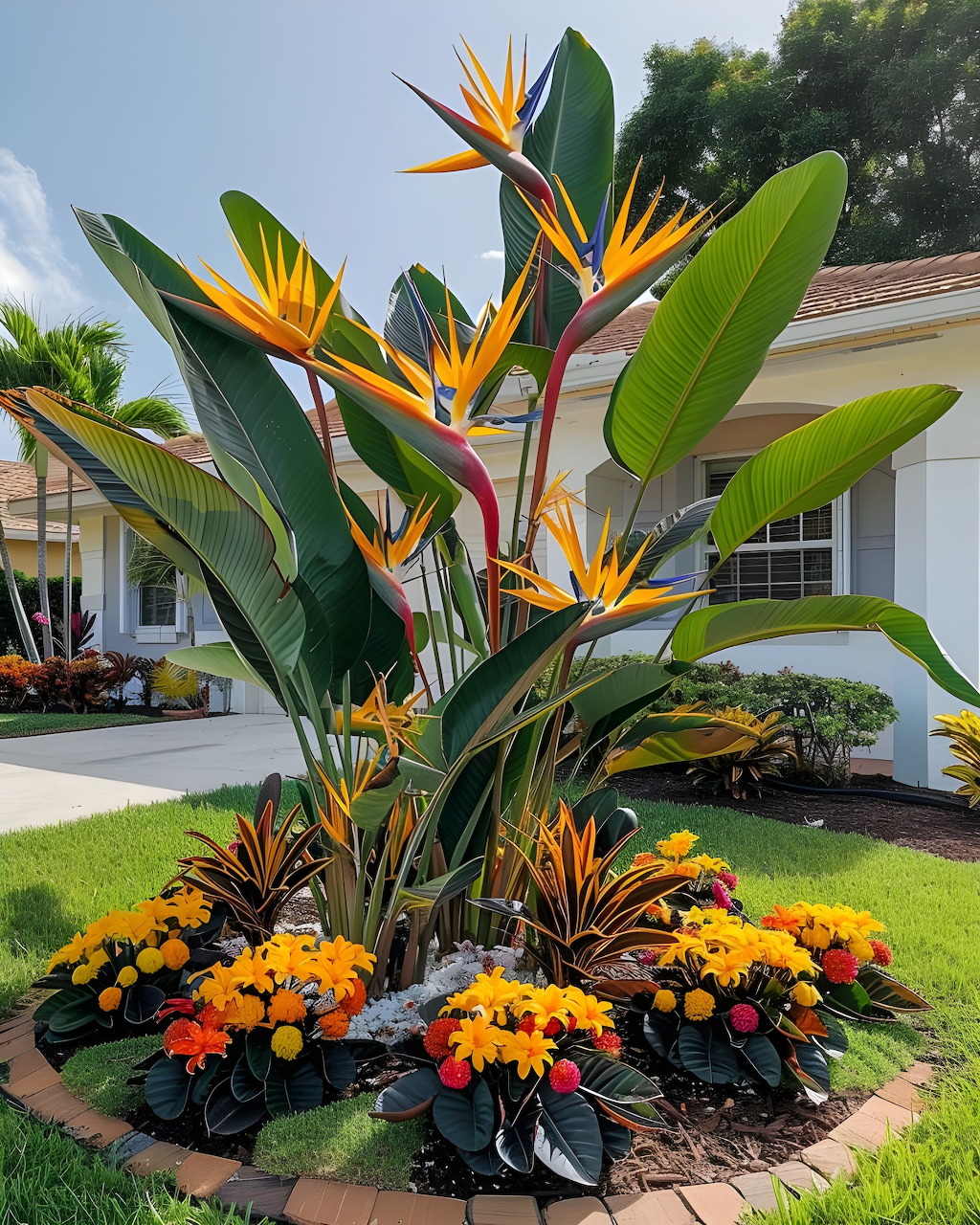 Orange and blue bird of paradise flowers with green leaves in a circular garden bed with yellow and orange flowers