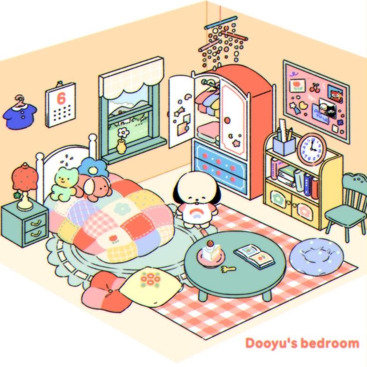 Cute cartoon illustration of a cozy pastel bedroom with a white character sitting at a round table